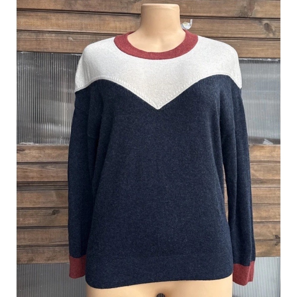 Madewell Women's Colorblock Yoke Pullover Sweater Navy Ivory Merino Alpaca Sz XS